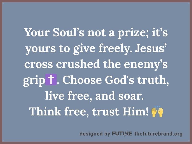 Cream background with navy Lora text: ‘God’s not dueling Satan… Think free, trust Him!’