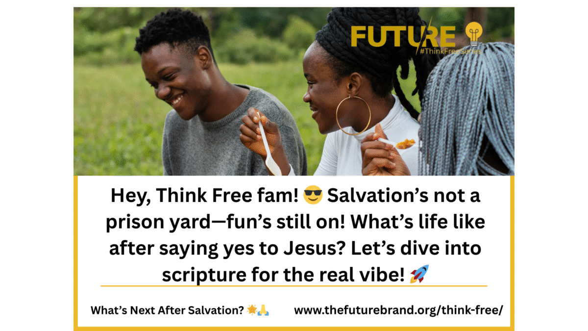 African Christian sharing food with diverse group, joyful vibe, Think Free Series.”